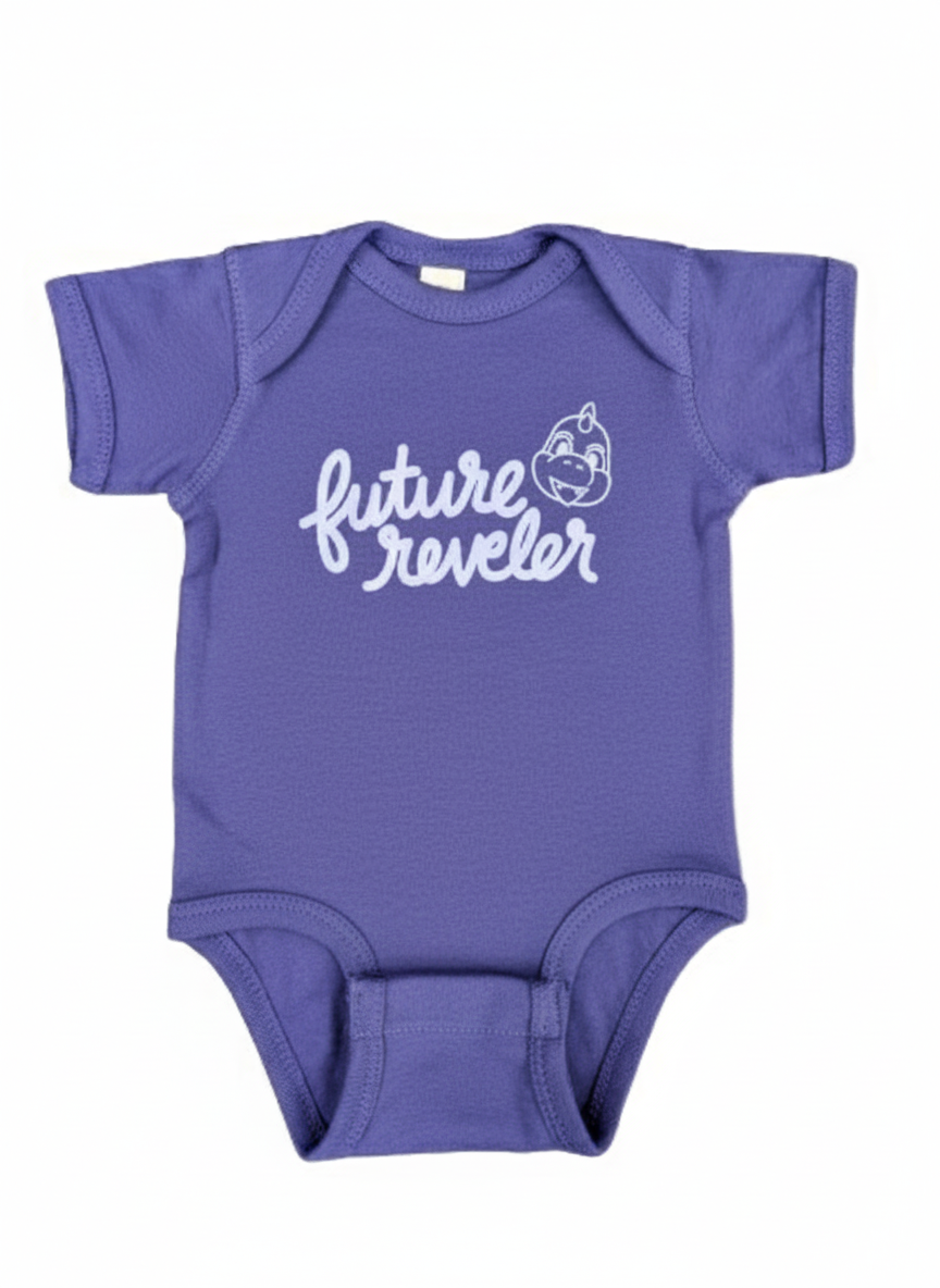 Purple baby onesie with 'future reveler' text on a lavender background